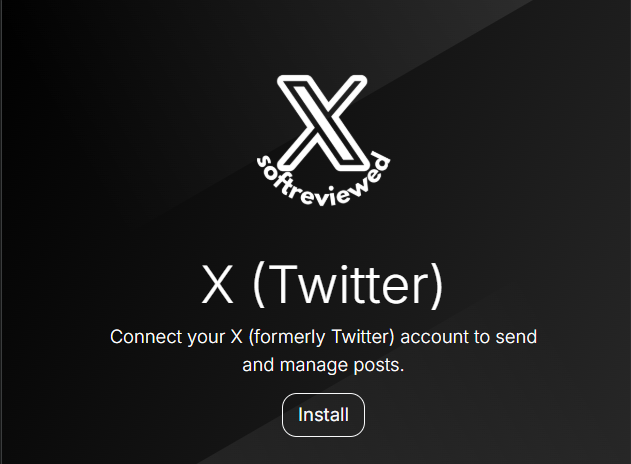 Logo and text promoting the installation of an app for connecting and managing X (formerly Twitter) accounts, featuring Twitter API integration and an "Install" button for streamlined social media management.