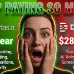 A shocked woman is centered between Camtasia ($40/year) and Descript ($288/year) price comparisons, with feature lists for each and "STOP PAYING SO MUCH!" written at the top.