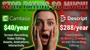 A shocked woman is centered between Camtasia ($40/year) and Descript ($288/year) price comparisons, with feature lists for each and "STOP PAYING SO MUCH!" written at the top.