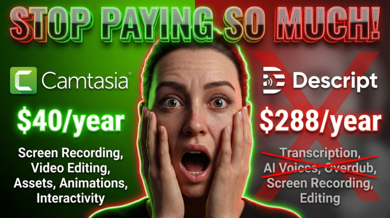 A shocked woman is centered between Camtasia ($40/year) and Descript ($288/year) price comparisons, with feature lists for each and "STOP PAYING SO MUCH!" written at the top.