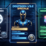 Three futuristic AI profiles display stats for math, coding, and logic: GPT-5 High, Deepseek-V3.2 Speciale, and Gemini-3.0 Pro, each with a distinct icon and score bars.
