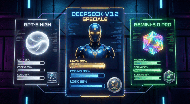 Three futuristic AI profiles display stats for math, coding, and logic: GPT-5 High, Deepseek-V3.2 Speciale, and Gemini-3.0 Pro, each with a distinct icon and score bars.
