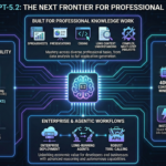 Infographic detailing GPT-5.2 features, highlighting performance, reliability, professional tasks, agentic workflows, technical specs, and model variants for knowledge work—including a GPT-5.2 vs Gemini 3 comparison for deeper insights.