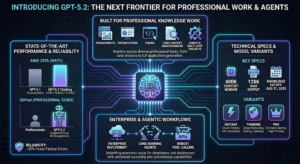 Infographic detailing GPT-5.2 features, highlighting performance, reliability, professional tasks, agentic workflows, technical specs, and model variants for knowledge work—including a GPT-5.2 vs Gemini 3 comparison for deeper insights.