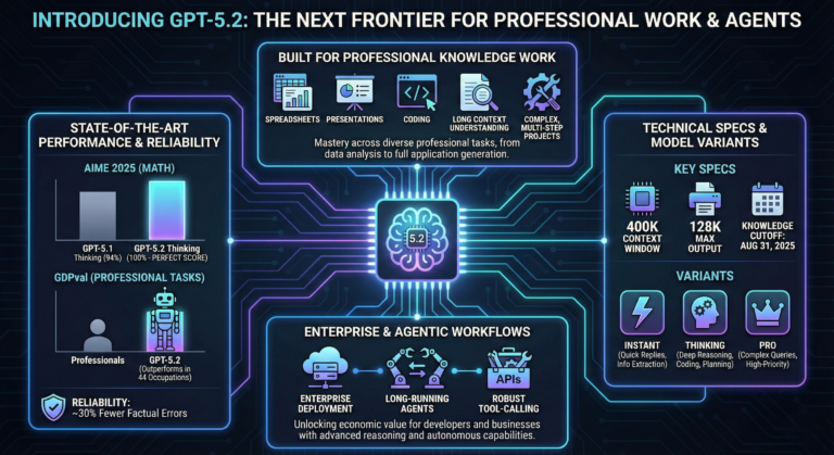 Infographic detailing GPT-5.2 features, highlighting performance, reliability, professional tasks, agentic workflows, technical specs, and model variants for knowledge work—including a GPT-5.2 vs Gemini 3 comparison for deeper insights.