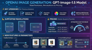 Infographic detailing features, resolutions, and pricing of the OpenAI GPT-Image-1.5 model, including key upgrades, supported image sizes, editing tools, token-based pricing structure, and an AI model comparison with Google Nano Banana.