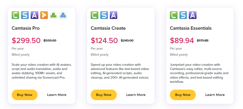 Three Camtasia subscription plans displayed: Pro ($299.50/year), Create ($124.50/year), and Essentials ($89.94/year), each with different AI-powered video editing features and yearly billing.