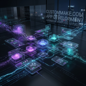Futuristic digital interface showing interconnected app development platforms, data flow, and cloud integration, with text highlighting automation, workflows, and integration.