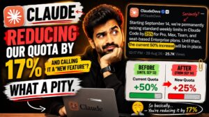 A man sits at a desk looking skeptical, with graphics criticizing Claude for reducing its quota and imposing new Claude code limits by 17%, while highlighting changes in Anthropic’s subscription policy and user reactions.