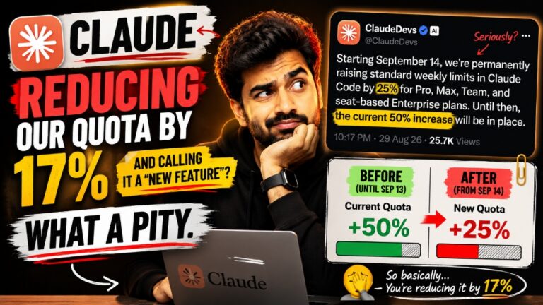 A man sits at a desk looking skeptical, with graphics criticizing Claude for reducing its quota and imposing new Claude code limits by 17%, while highlighting changes in Anthropic’s subscription policy and user reactions.
