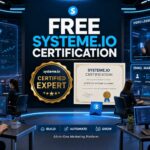 People in a control room with screens showing Systeme.io marketing workflows, sales funnels, video lesson, and a large sign for free certification.