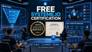 People in a control room with screens showing Systeme.io marketing workflows, sales funnels, video lesson, and a large sign for free certification.