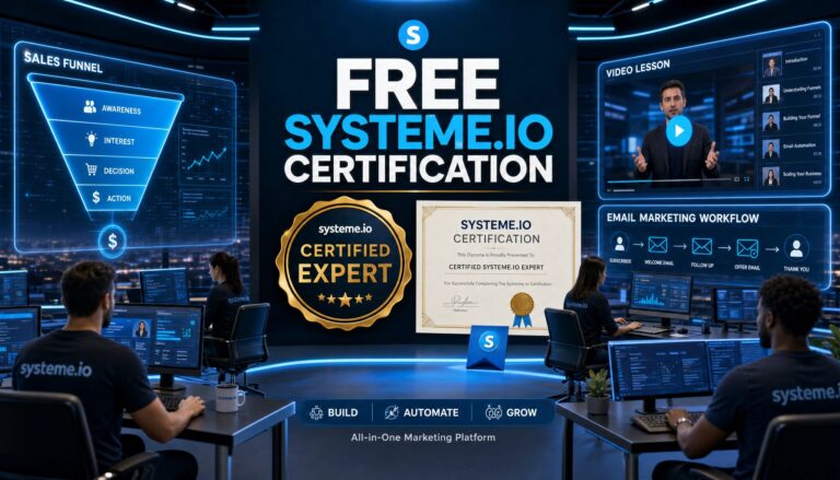 People in a control room with screens showing Systeme.io marketing workflows, sales funnels, video lesson, and a large sign for free certification.