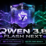 A digital graphic promoting Qwen 3.8 by Alibaba and Qwen, highlighting next-gen architecture, 6B active params, 62.5% SWE-Bench, and advanced reasoning in a futuristic style.