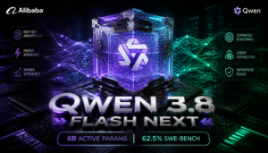 A digital graphic promoting Qwen 3.8 by Alibaba and Qwen, highlighting next-gen architecture, 6B active params, 62.5% SWE-Bench, and advanced reasoning in a futuristic style.