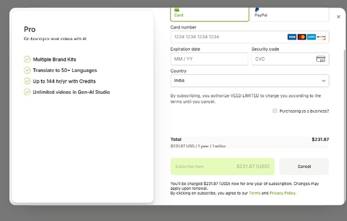 VEED Pro Annual Discount Checkout Proof Showing 231.87 USD