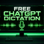 A computer setup displays “Free ChatGPT Dictation” on the monitor, featuring a microphone icon and green neon lighting. Beside the screen are a microphone, plants, and AI-themed decor—all highlighting the advanced Speech to Text capabilities of modern Voice Dictation technology.