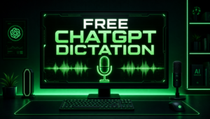 A computer setup displays “Free ChatGPT Dictation” on the monitor, featuring a microphone icon and green neon lighting. Beside the screen are a microphone, plants, and AI-themed decor—all highlighting the advanced Speech to Text capabilities of modern Voice Dictation technology.