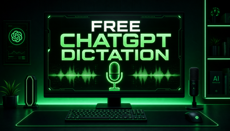 A computer setup displays “Free ChatGPT Dictation” on the monitor, featuring a microphone icon and green neon lighting. Beside the screen are a microphone, plants, and AI-themed decor—all highlighting the advanced Speech to Text capabilities of modern Voice Dictation technology.
