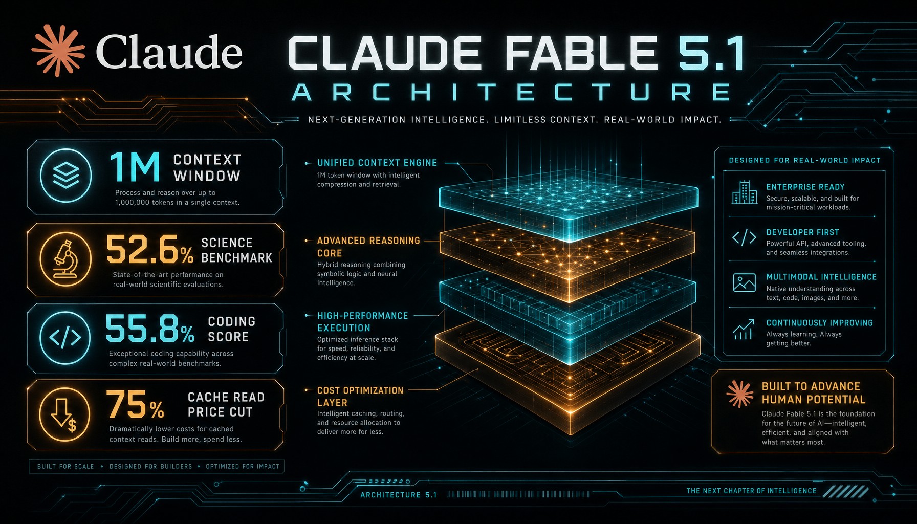 Claude Fable 5.1 Architecture & Benchmark Infographic
