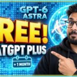 A man with glasses points at text reading “GPT-6 Astra FREE! ChatGPT Plus +1 month” on a digital blue background with tech graphics.