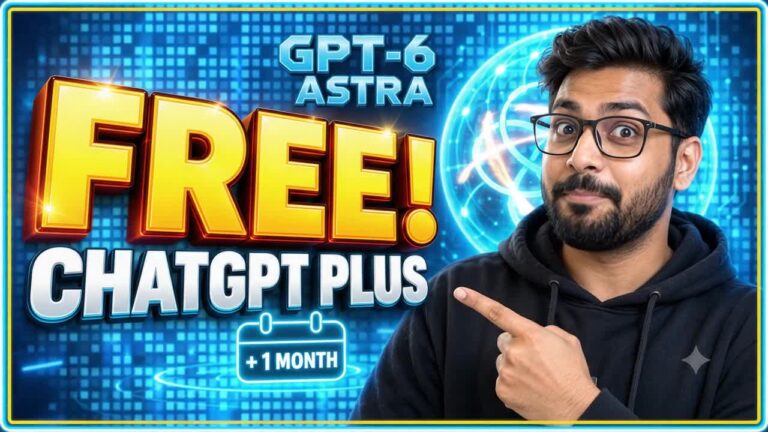 A man with glasses points at text reading “GPT-6 Astra FREE! ChatGPT Plus +1 month” on a digital blue background with tech graphics.