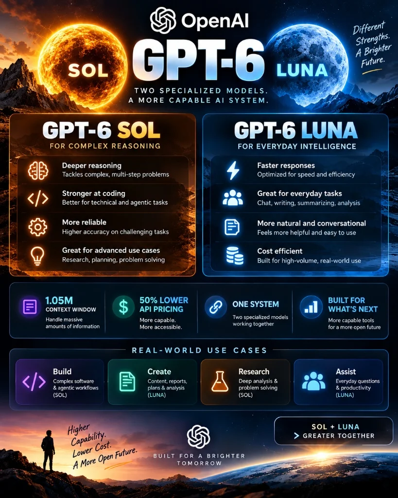 OpenAI GPT-6 Sol and Luna Architecture and Real-World Use Cases Infographic