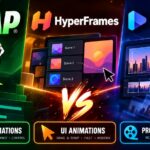 Comparison graphic of GSAP, HyperFrames, and Remotion, highlighting their use for web, UI, and programmatic video animations with logos, icons, and interface previews for each tool.