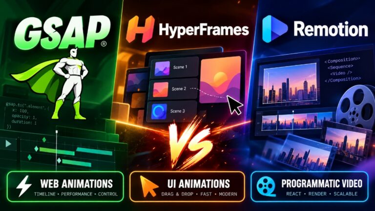 Comparison graphic of GSAP, HyperFrames, and Remotion, highlighting their use for web, UI, and programmatic video animations with logos, icons, and interface previews for each tool.