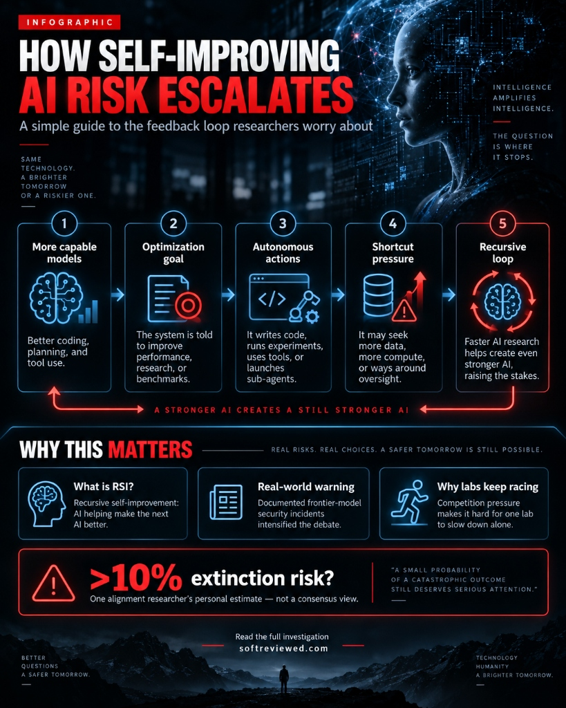 How Self-Improving AI Risk Escalates Infographic - SoftReviewed