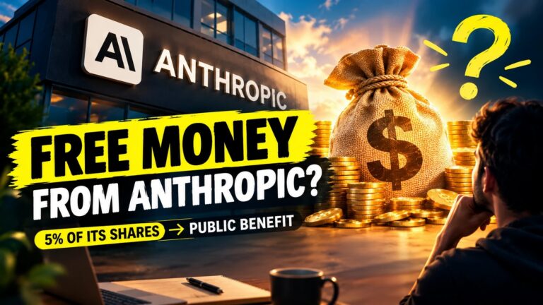 Anthropic building sign, a bag of gold coins and a thoughtful person with the text Free money from Anthropic?