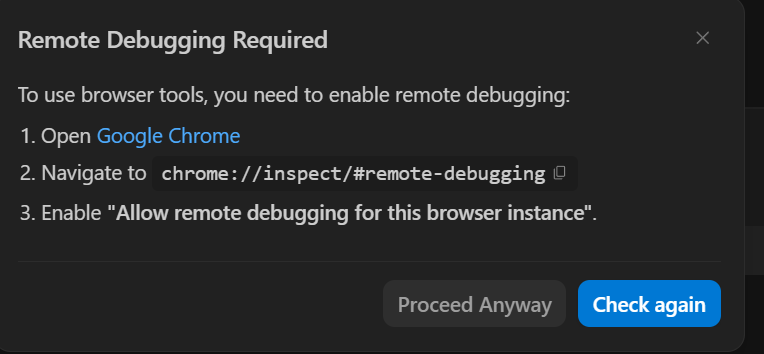 Antigravity browser not working: the Remote Debugging Required popup
