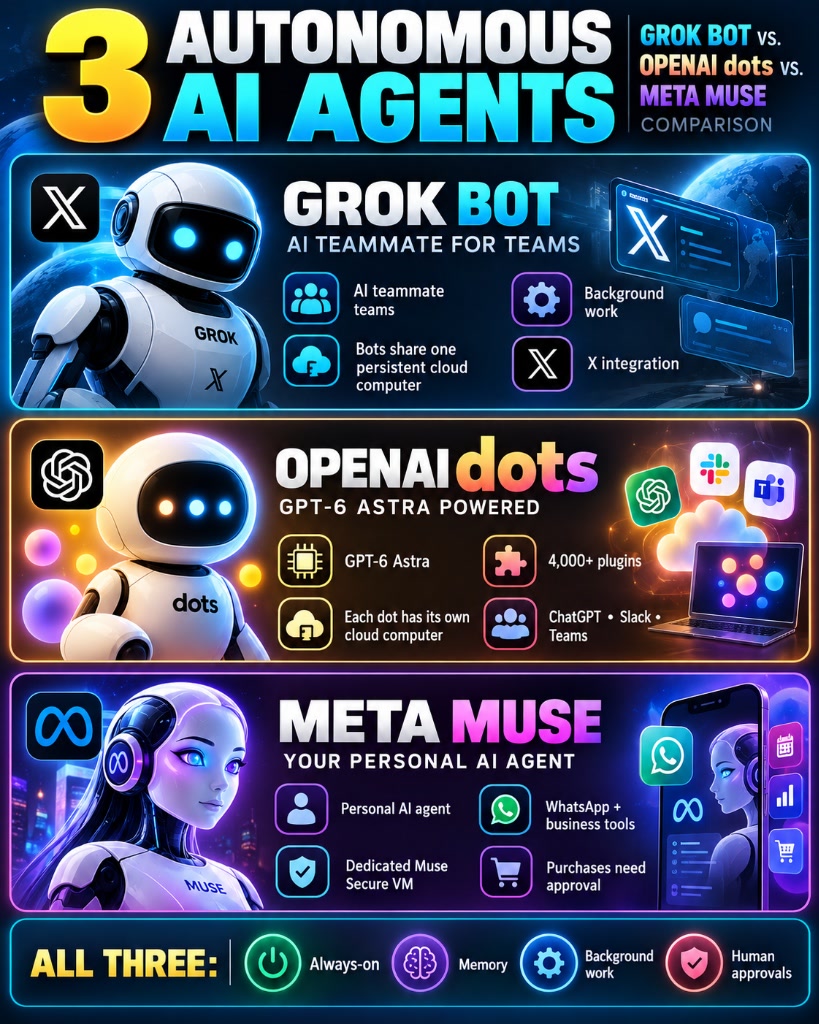 Grok Bot vs OpenAI Dots vs Meta Muse 3 Autonomous AI Agents Comparison Infographic