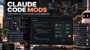 Claude Code Mods header artwork showing terminal UI and tool behavior customization