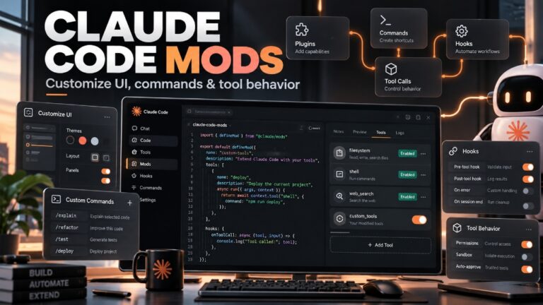 Claude Code Mods header artwork showing terminal UI and tool behavior customization