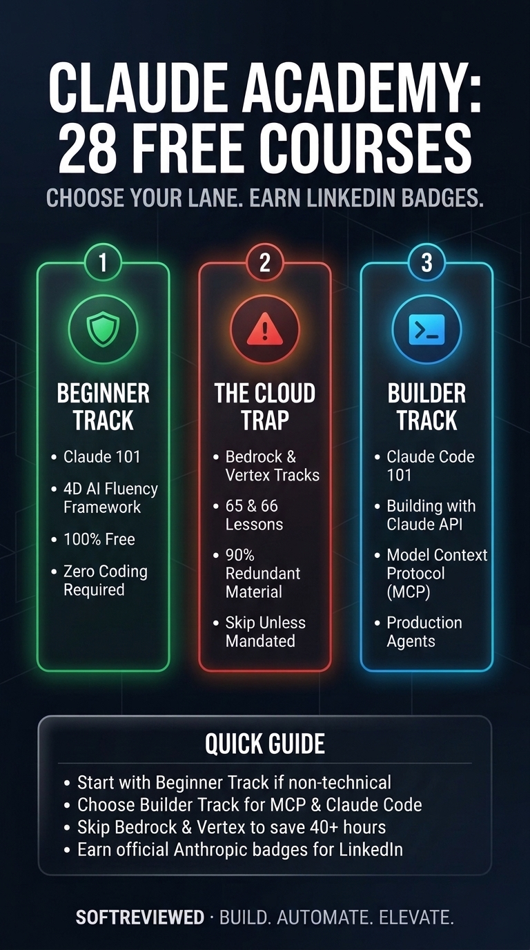 Claude Academy 3 Track Learning Breakdown Infographic