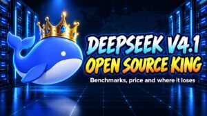 DeepSeek V4.1 Flash crowned whale logo with the headline Open Source King
