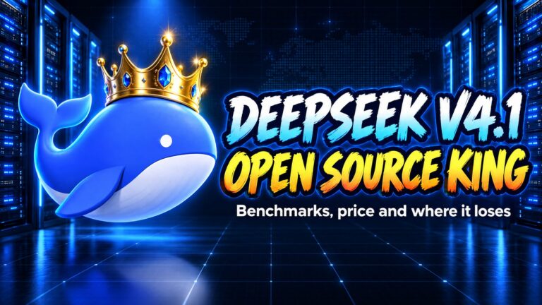 DeepSeek V4.1 Flash crowned whale logo with the headline Open Source King