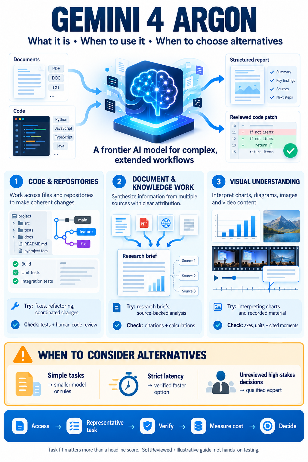 Gemini 4 Argon infographic: coding, document analysis and visual understanding; verify tests, sources and observations, and consider simpler tools for routine tasks.