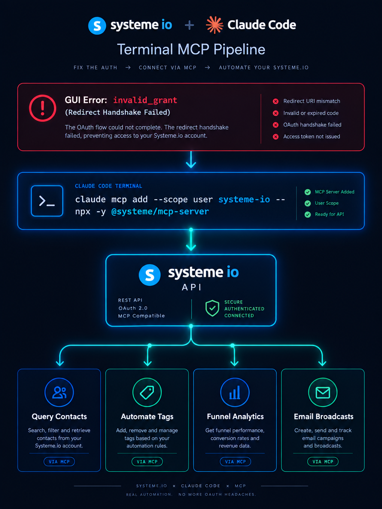 Systeme io Claude Code Terminal MCP Pipeline Infographic