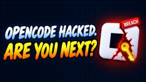 OpenCode hacked headline with a cracked OpenCode logo and a key slipping out